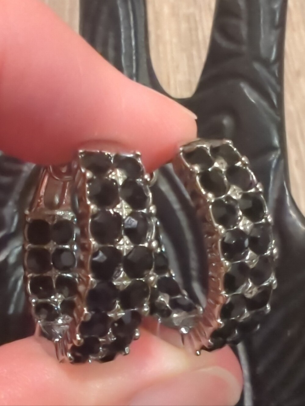 Black Spinel Silver Hoop Earrings